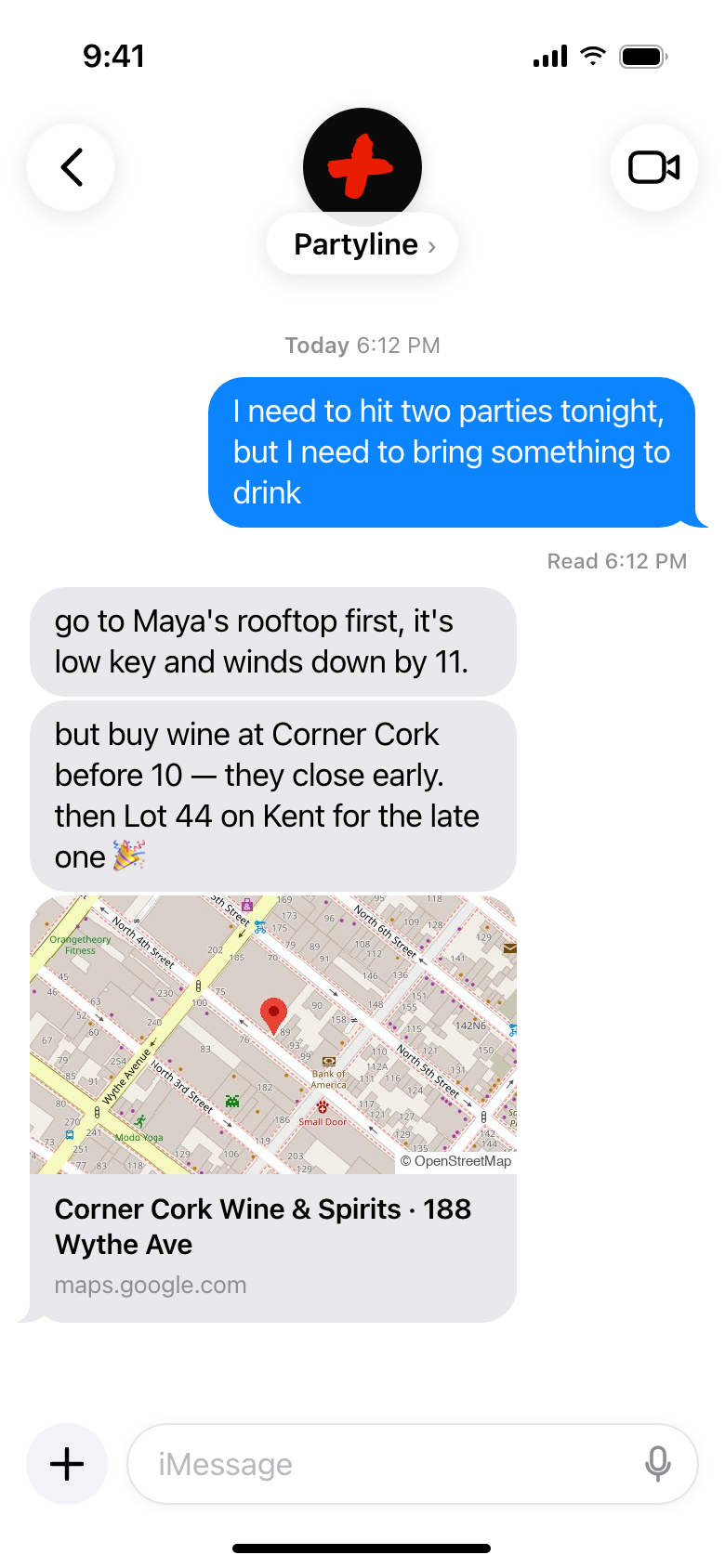 An iMessage conversation with Partyline: two parties tonight, and wine on the way